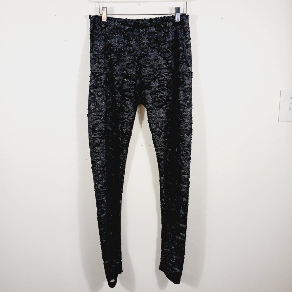 BCBG Maxazria, NWT Black Gunmetal Sheer Shiny Leggings W 3D Cutout Overlay, Goth - Picture 6 of 16